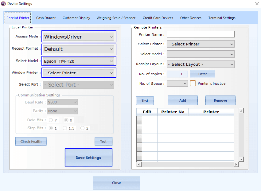 Receipt Printer Setting